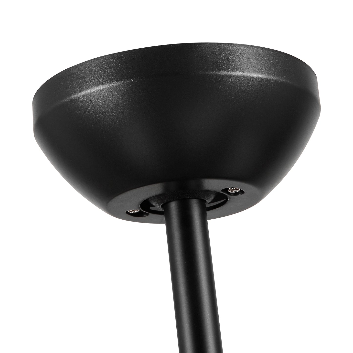Black metal ceiling fan canopy detail with visible mounting screws
