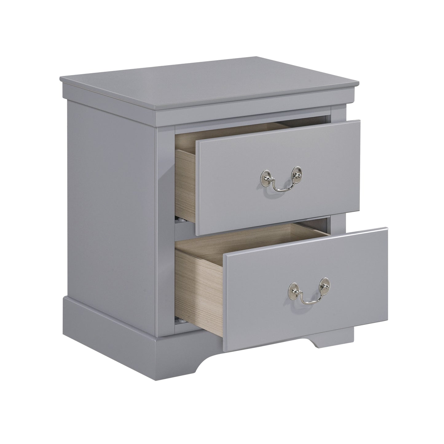Grey twodrawer bedside table with brushed nickel hardware