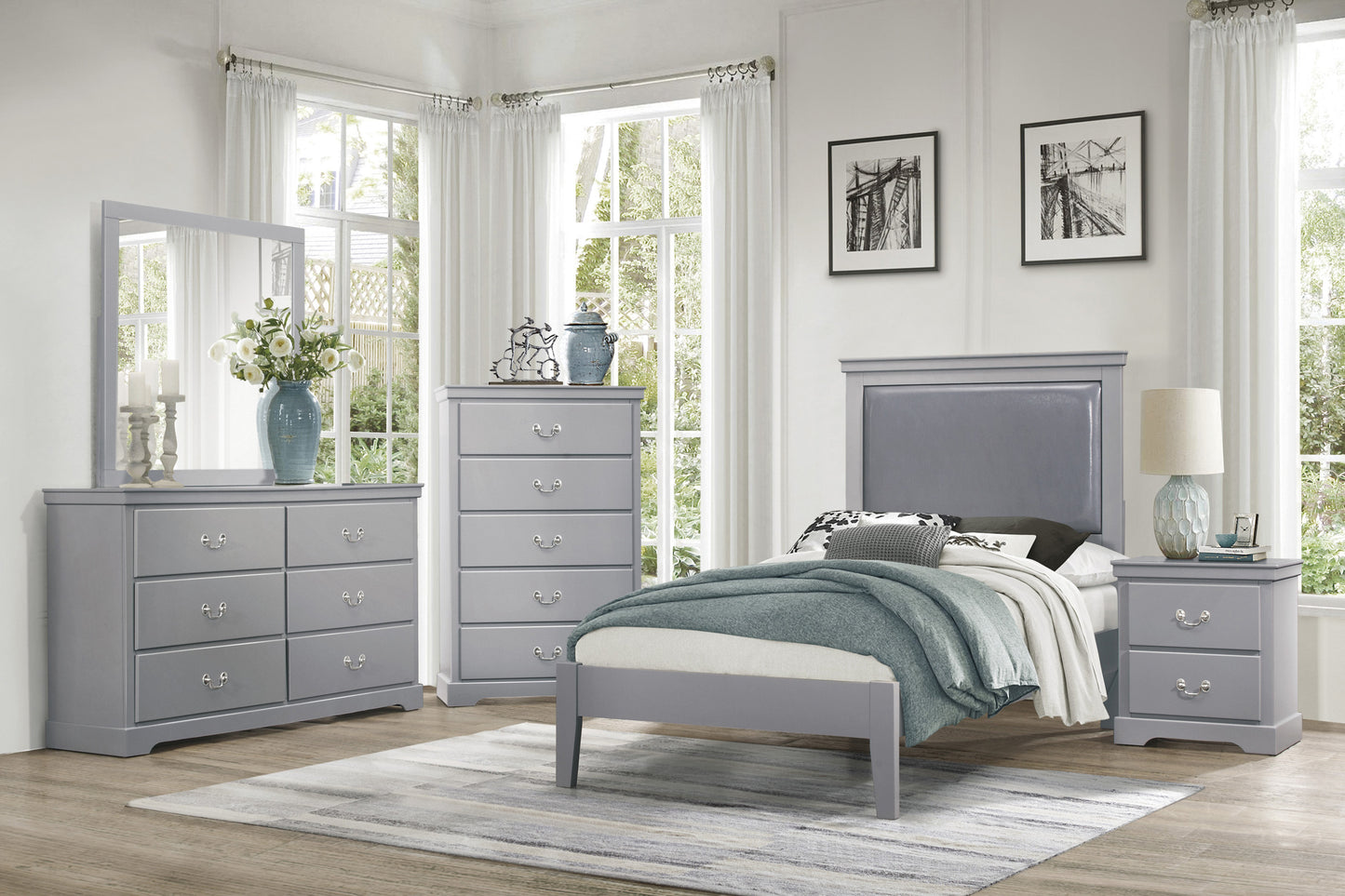 Gray wood twin bed with upholstered headboard