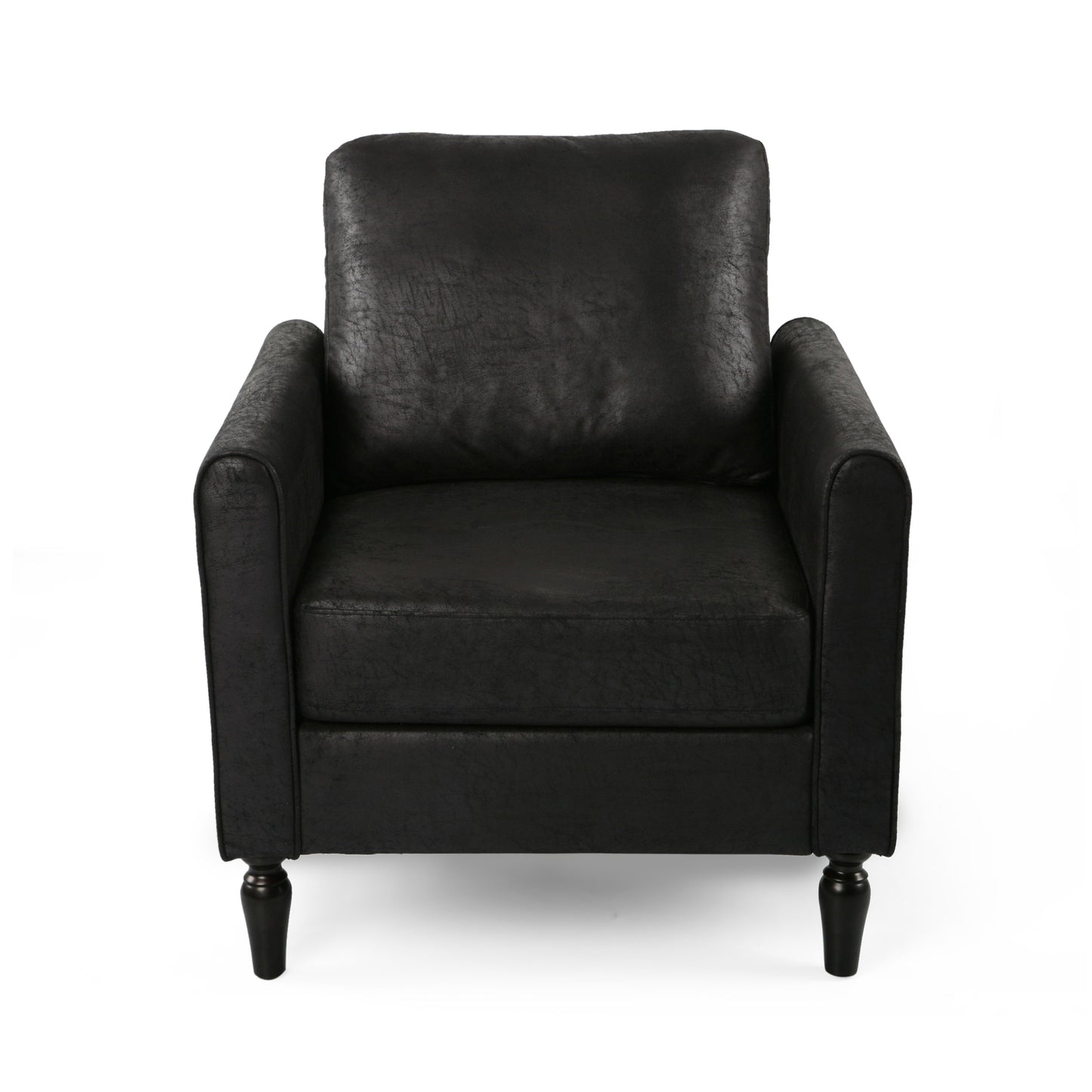 Plush black faux leather armchair with rolled arms and wooden legs