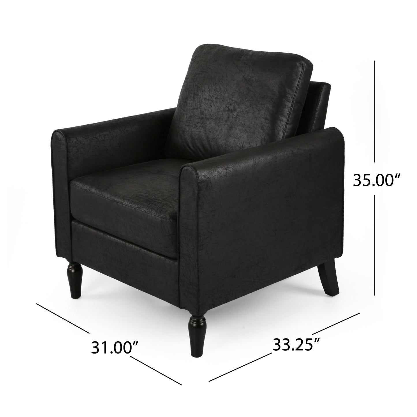 Black faux leather armchair with plush cushion and turned wooden legs perfect for living rooms