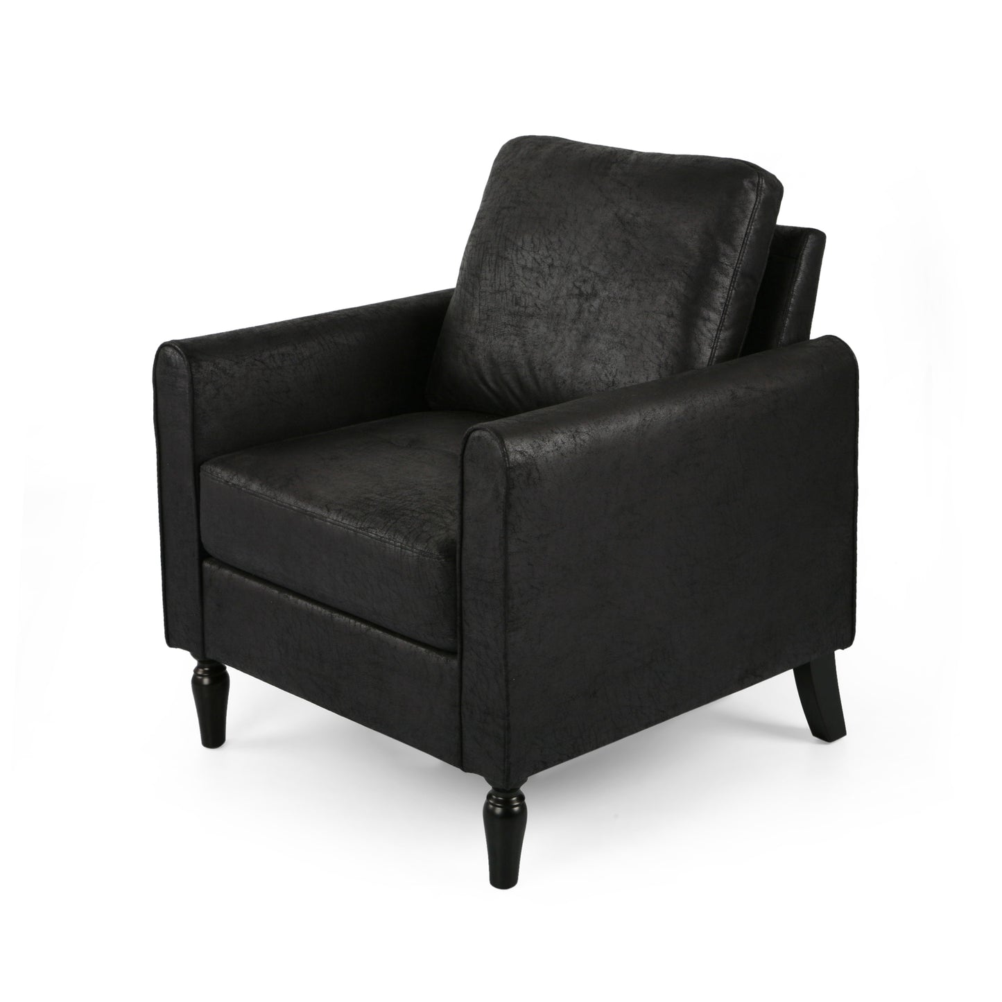 Black faux leather armchair with plush cushion and elegant turned legs