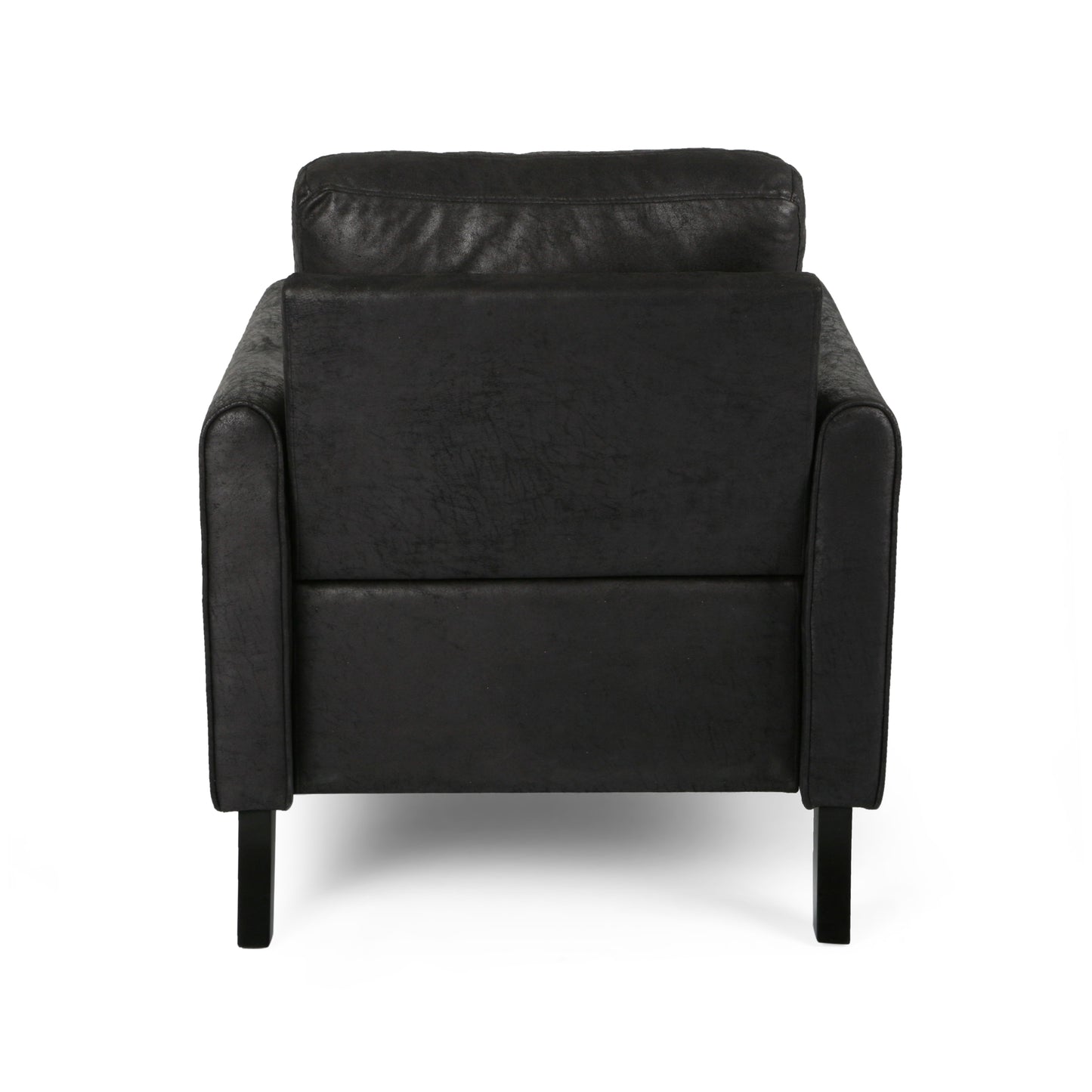 Black faux leather armchair with modern minimalist design and plush seating