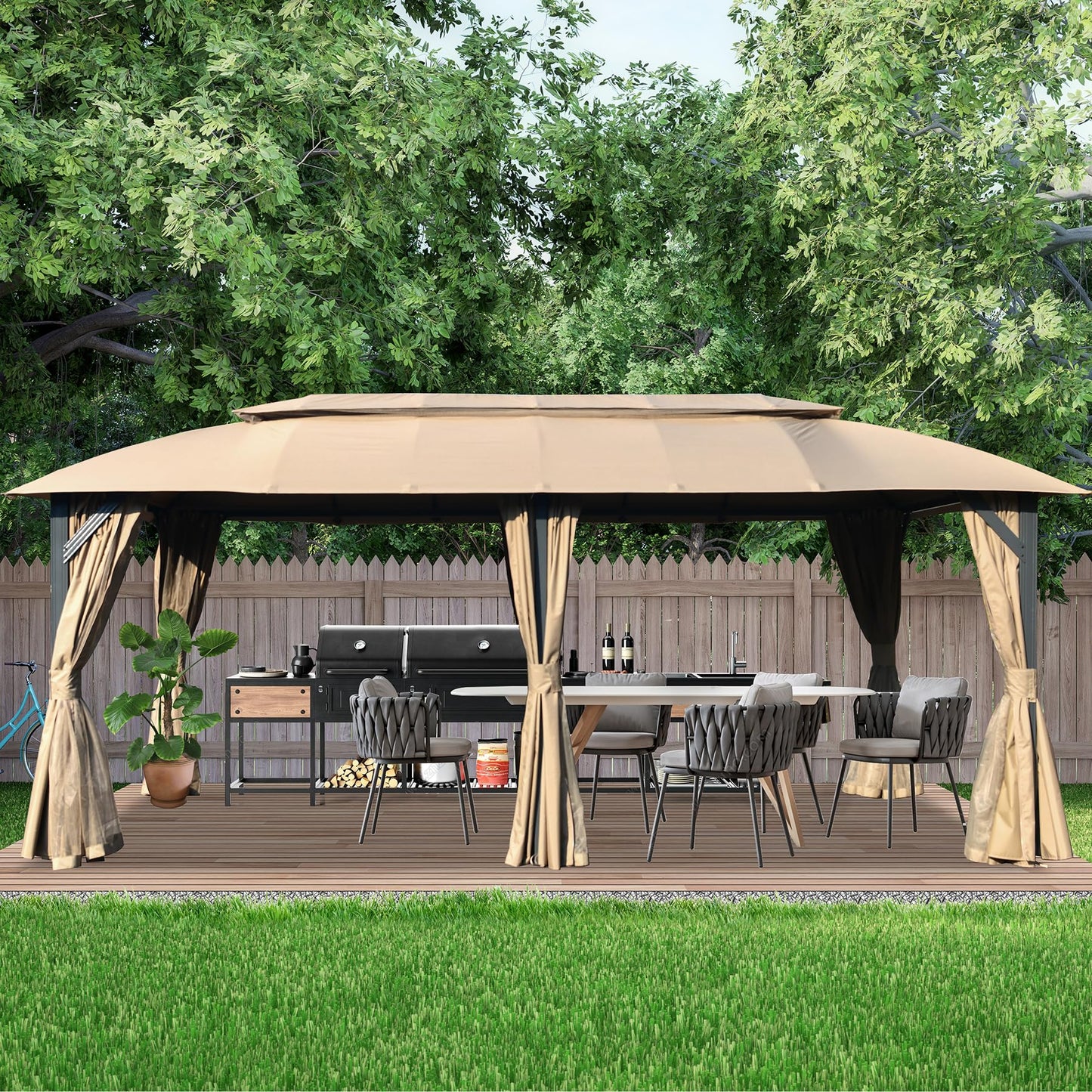 Tan outdoor gazebo with dining set and grill perfect for backyard entertaining