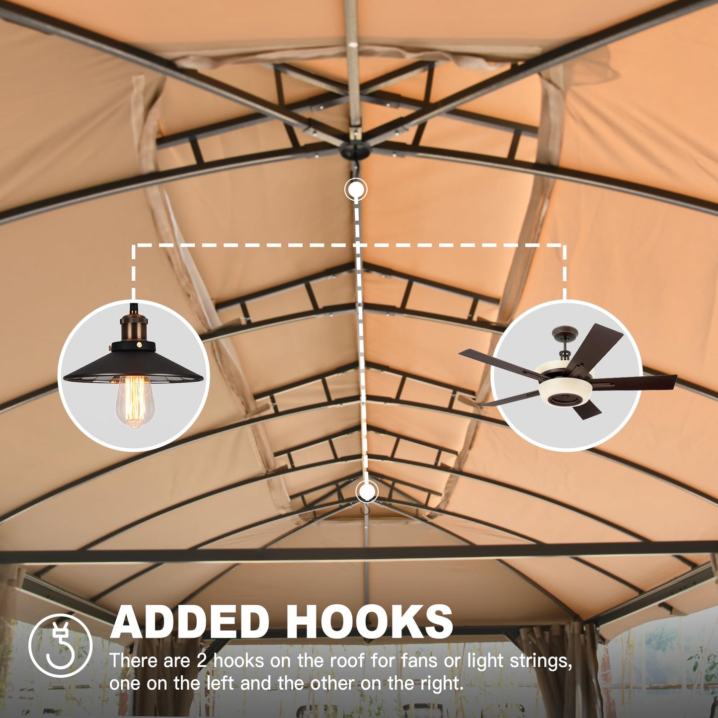 Black industrial pendant light with Edison bulb hanging from gazebo roof hook