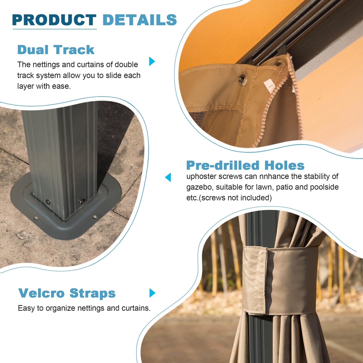 Gazebo frame corner with grey metal post and anchor plate detail