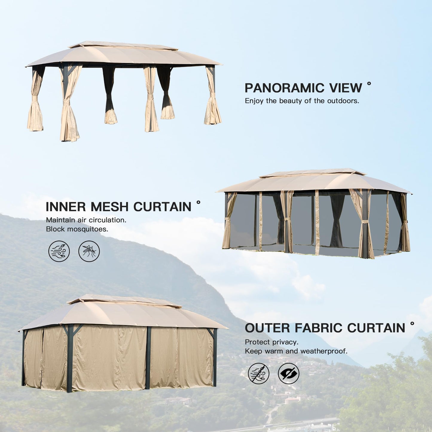 Beige outdoor gazebo with full fabric curtains for privacy and weather protection