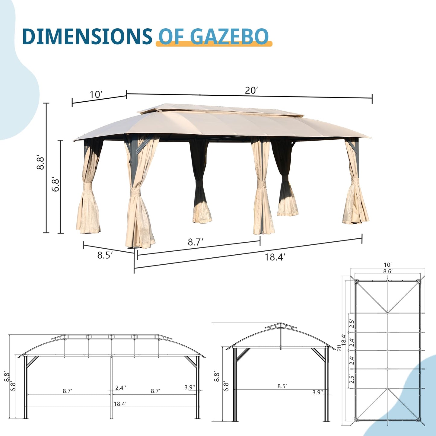 Diagram showing dimensions of a x beige gazebo with curtains height