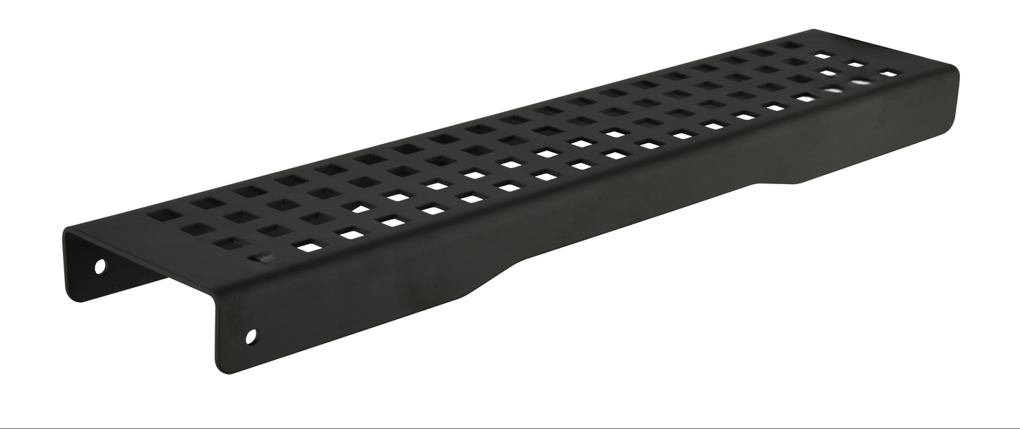 Black metal step with diamond plate pattern ideal for truck beds and trailer access