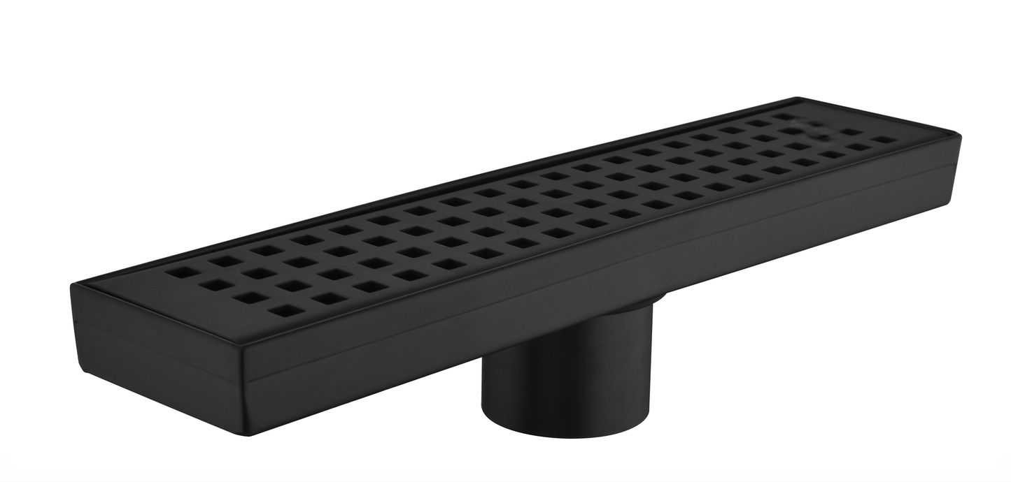 Sleek black linear shower drain with a modern diamond pattern grate and integrated pipe connector