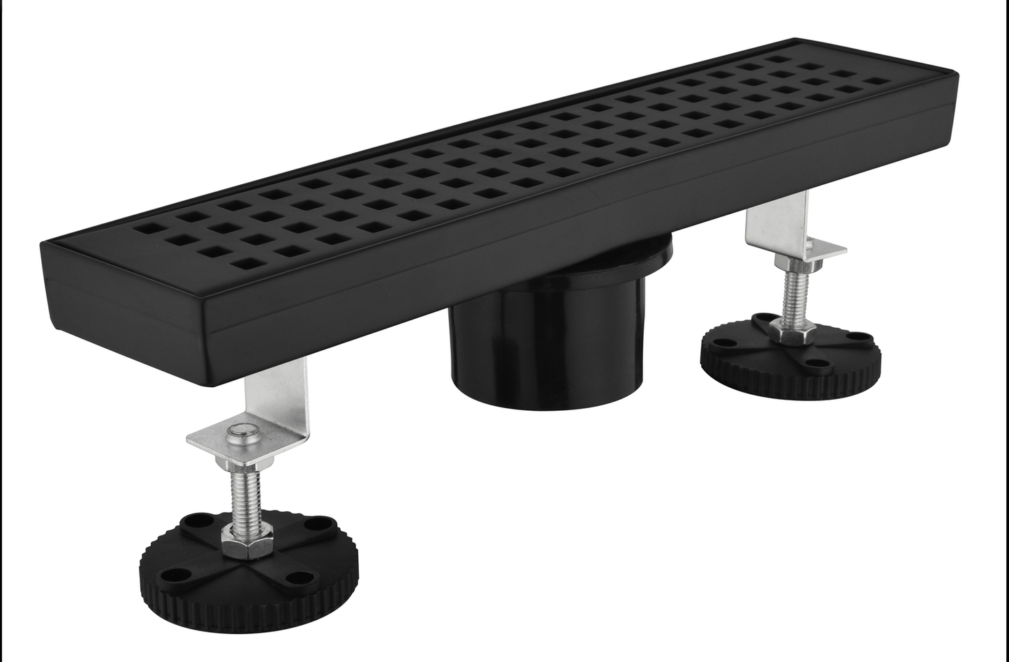 Black linear shower drain with adjustable feet for easy installation