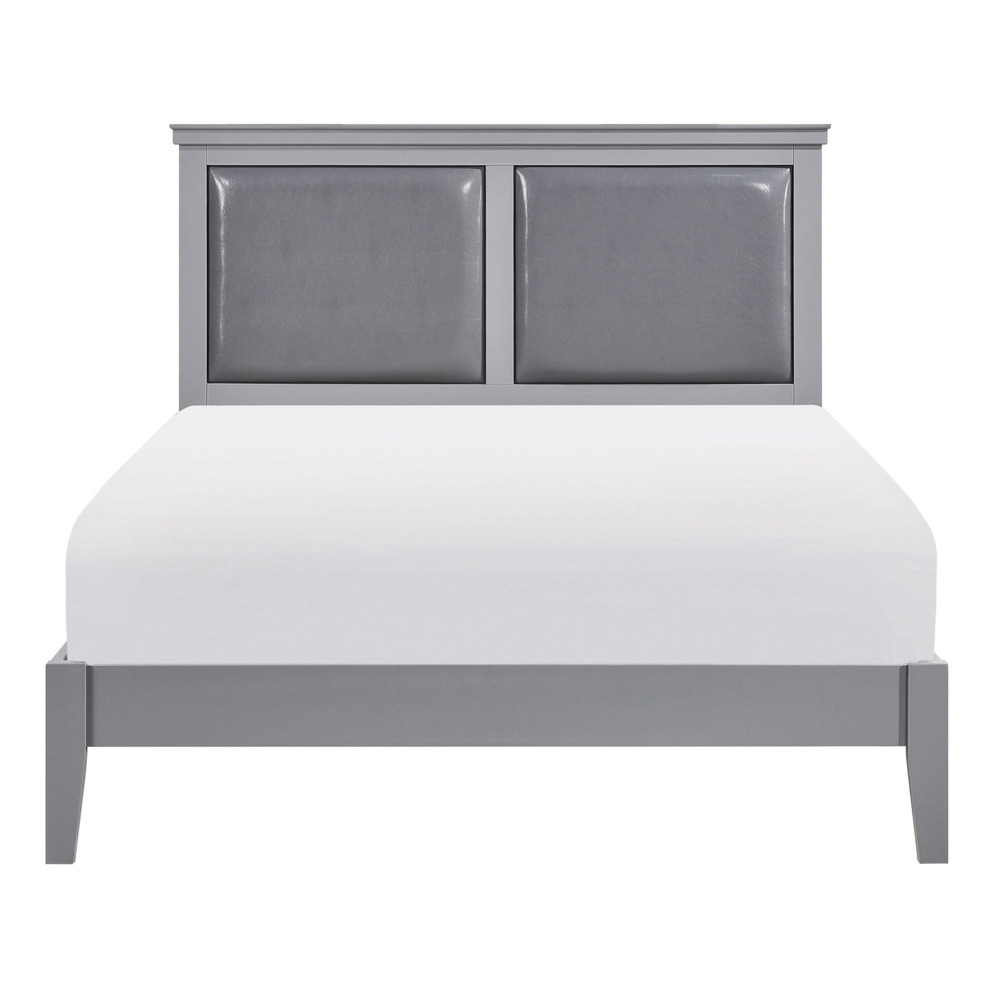Modern grey upholstered panel headboard bed frame with white fitted sheet