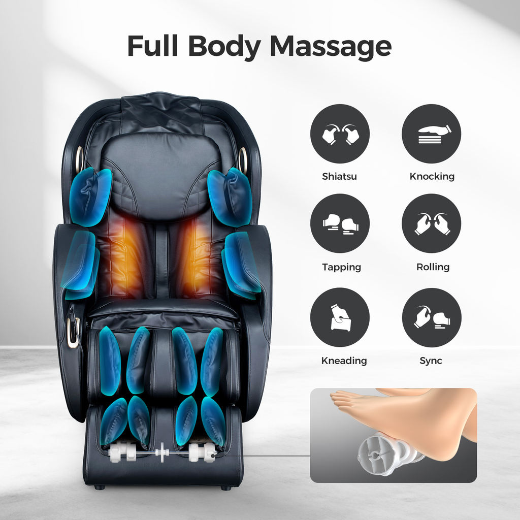 Black full body massage chair with glowing heat and air massage zones demonstrating Shiatsu