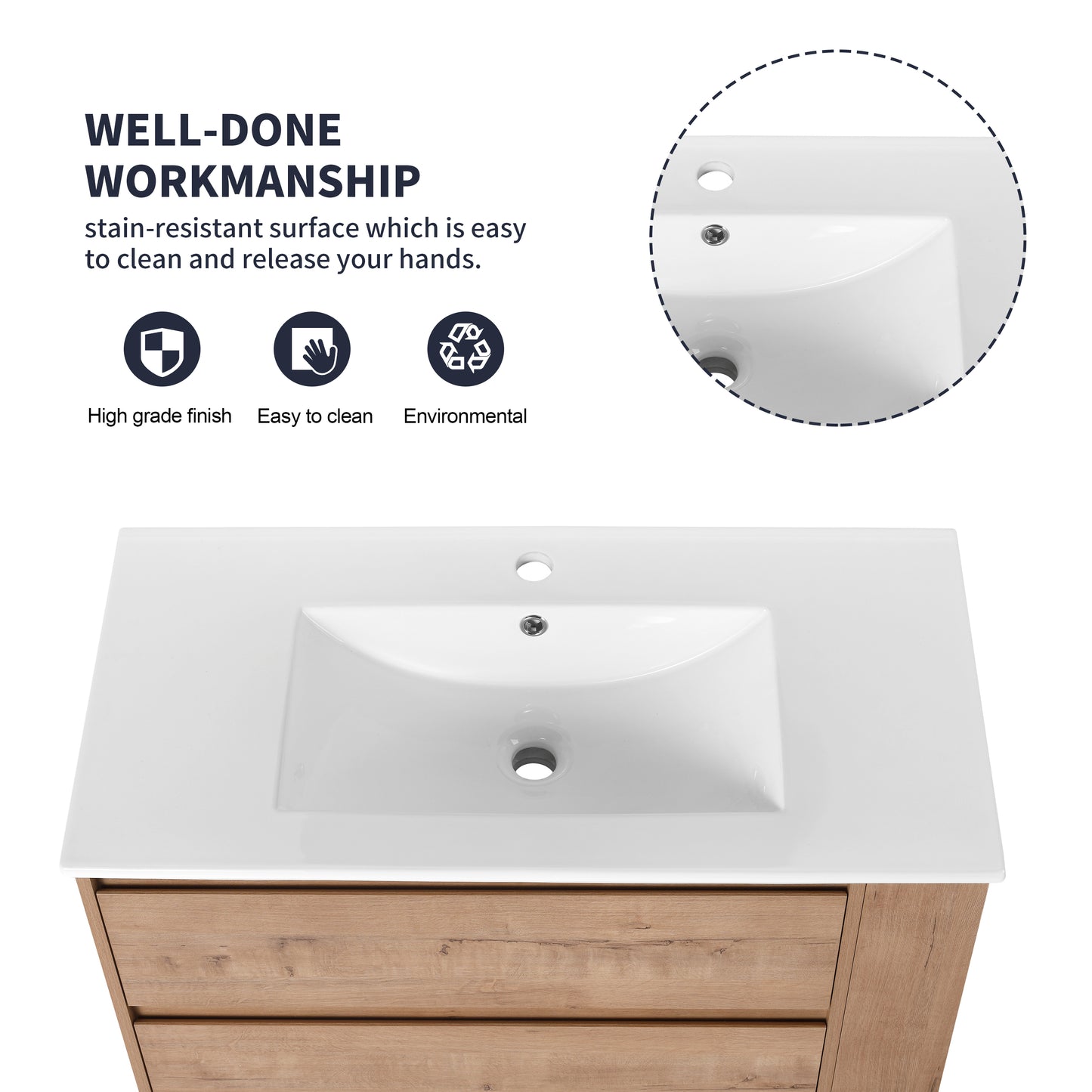 White ceramic bathroom vanity top with integrated sink and light wood drawers