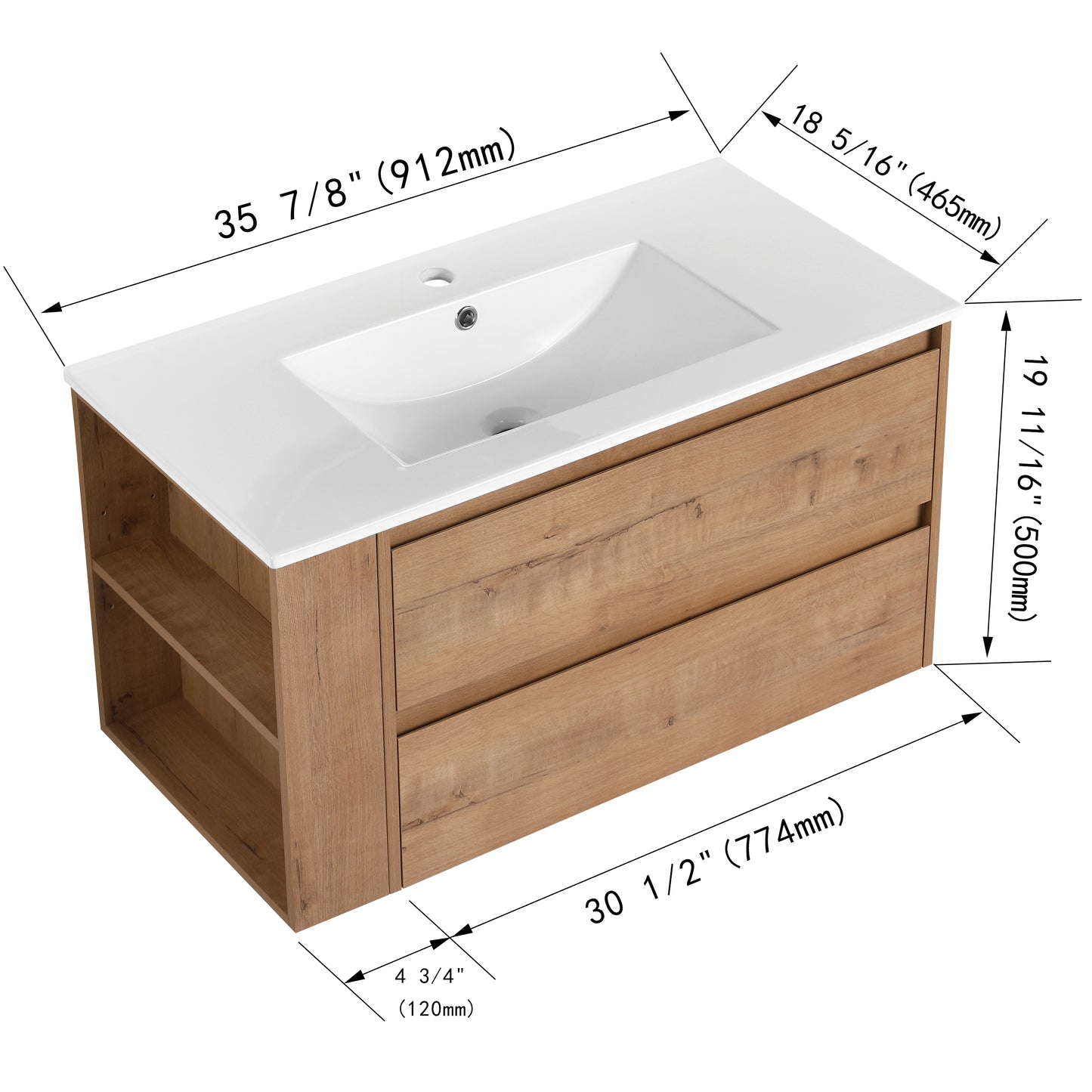 inch vanity with white ceramic sink and two oak drawers