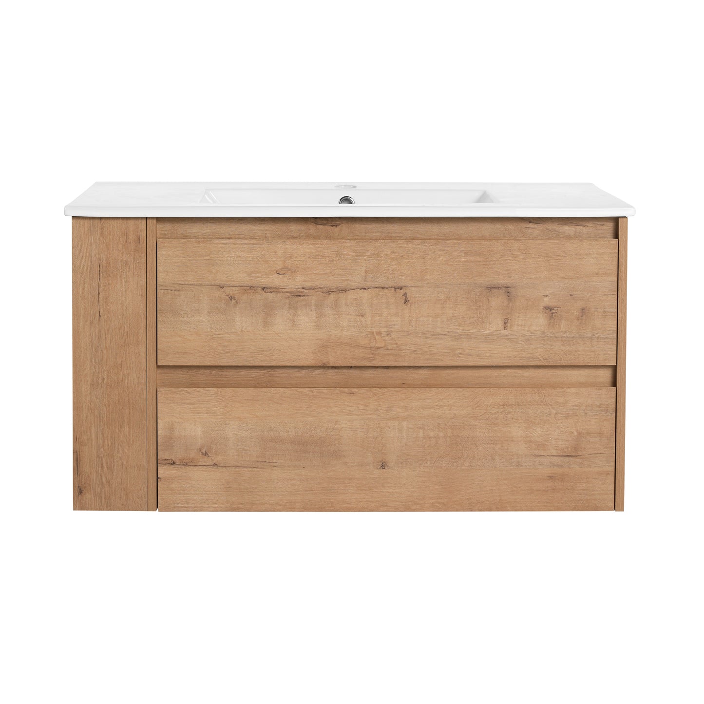 Wallmounted vanity with a natural oak finish and two drawers featuring a white ceramic top