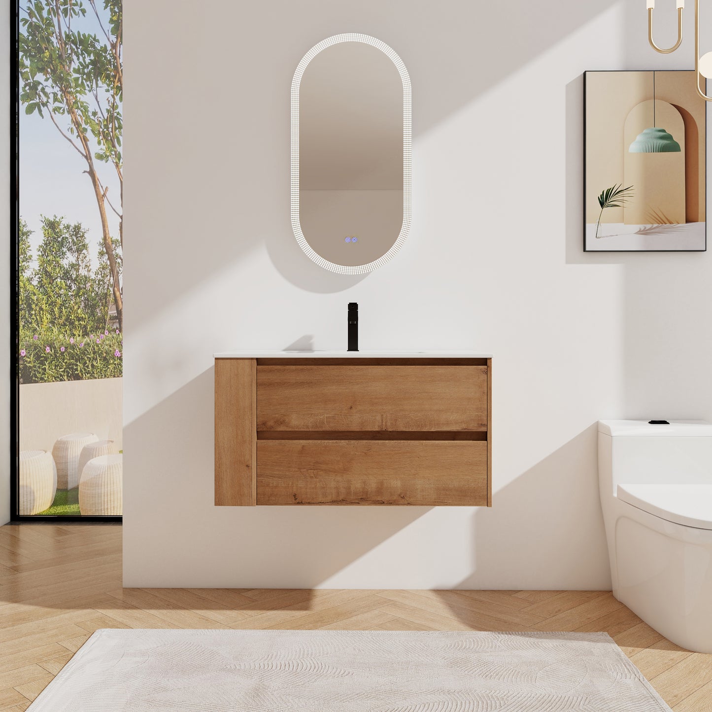 Floating oak wood vanity with dual drawers and integrated sink modern bathroom essential