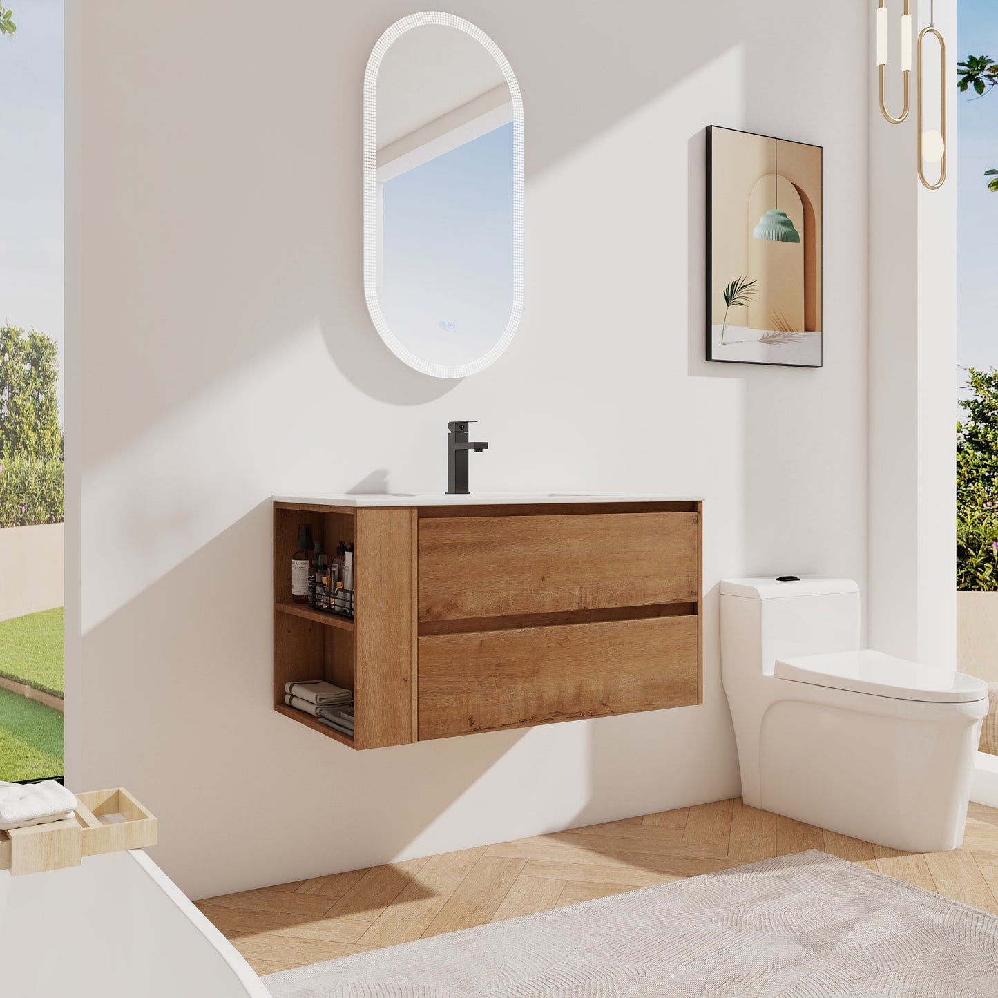 Modern floating bathroom vanity with oak finish and two drawers