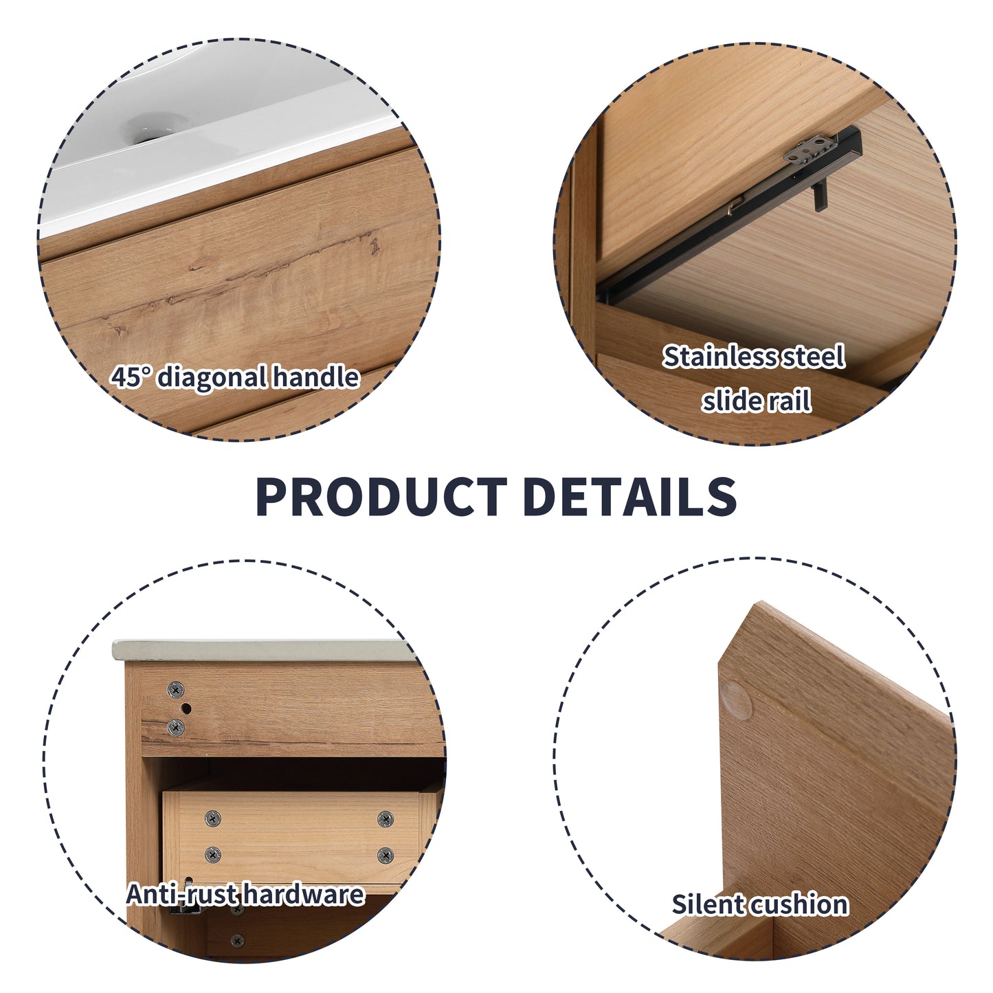 Natural oak finish vanity with diagonal handle for modern design