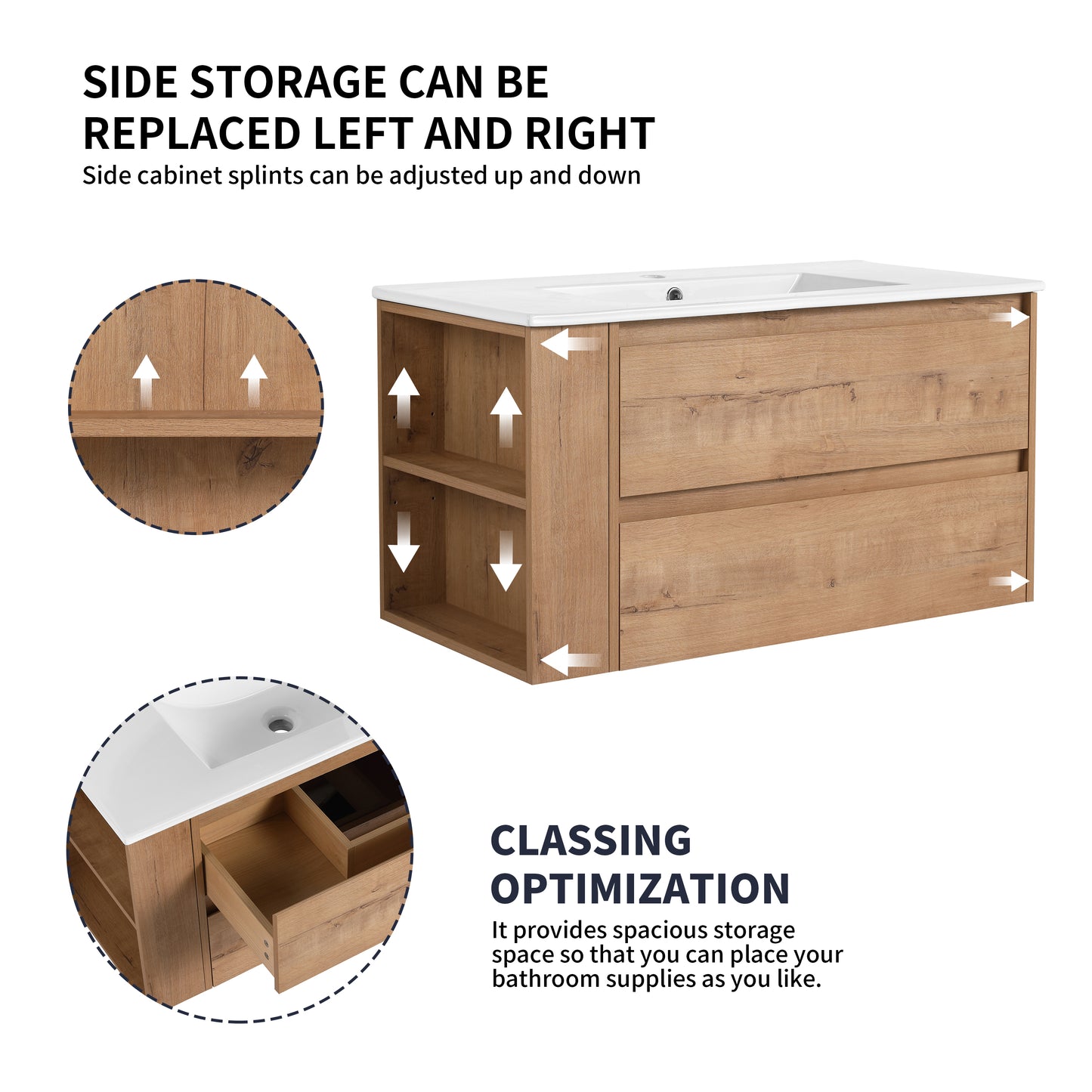 Modern oak vanity with open shelving and adjustable side cabinets for bathroom storage