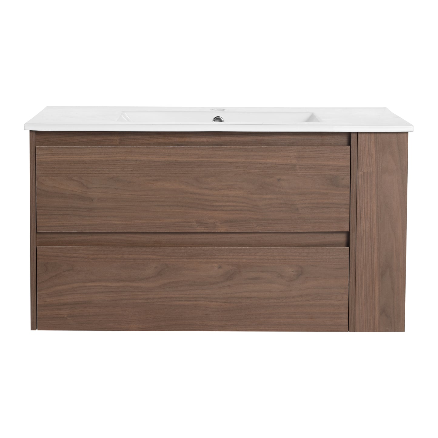 Modern wallmounted bathroom vanity with rich walnut finish and integrated white ceramic sink
