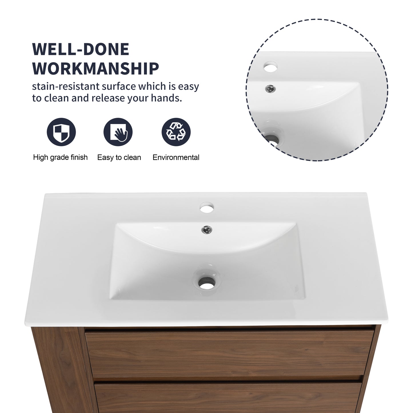 White ceramic bathroom vanity with dark wood grain drawers single basin