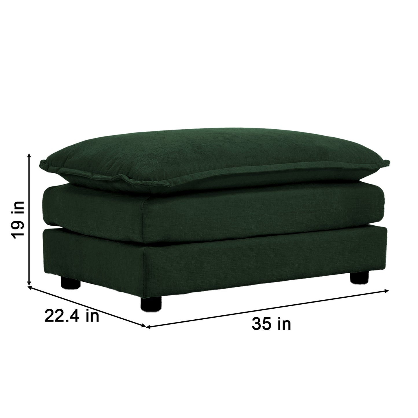 Deep green upholstered ottoman with plush top and clean lines