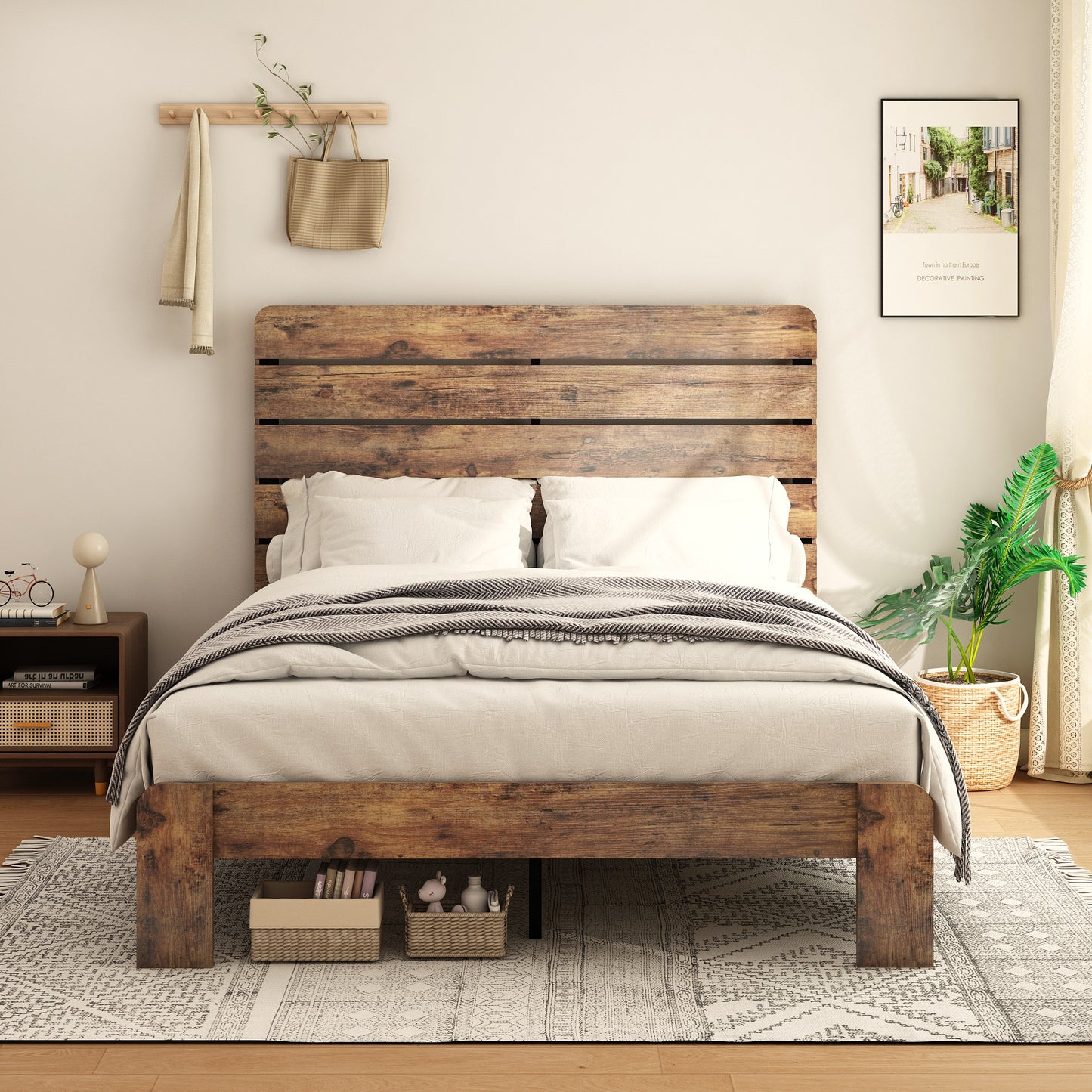 Rustic wooden bed frame with horizontal slatted headboard