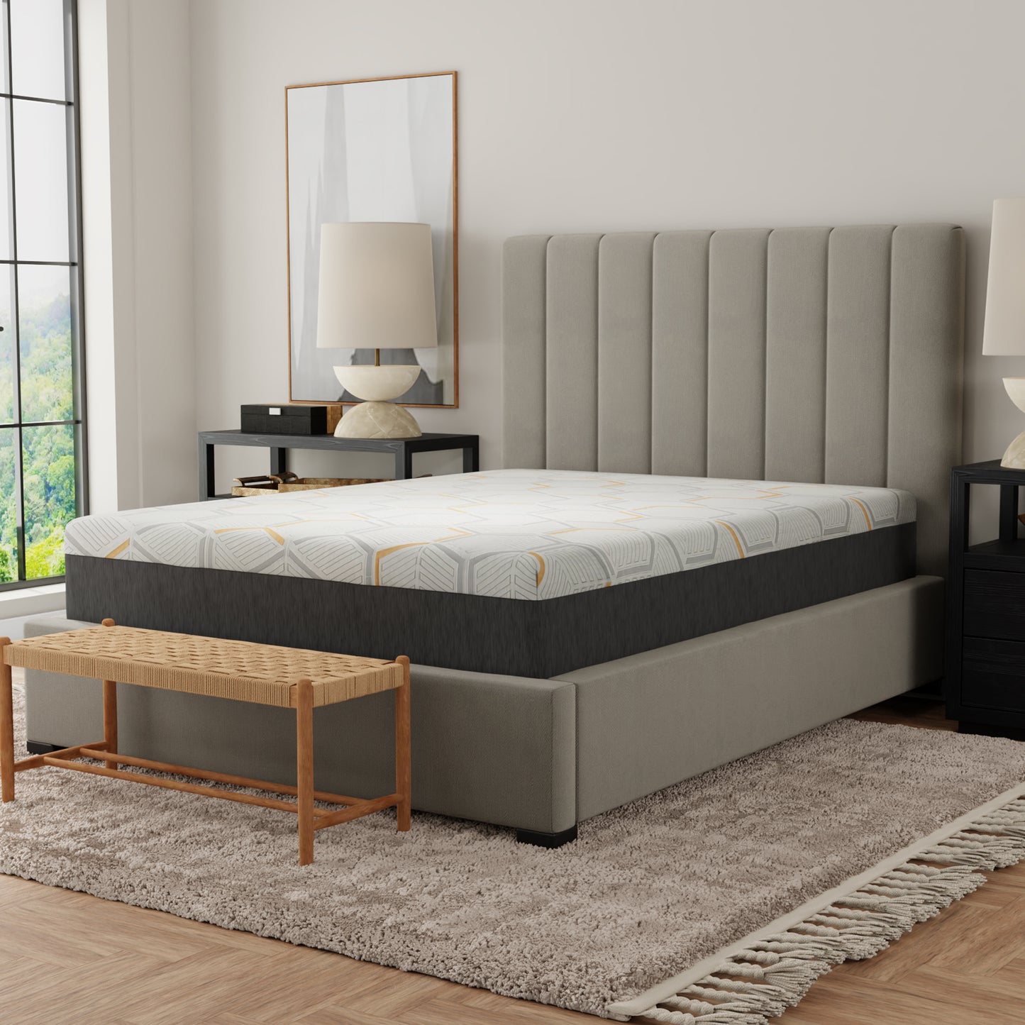 Memory foam mattress with white grey and yellow geometric pattern for comfortable sleep