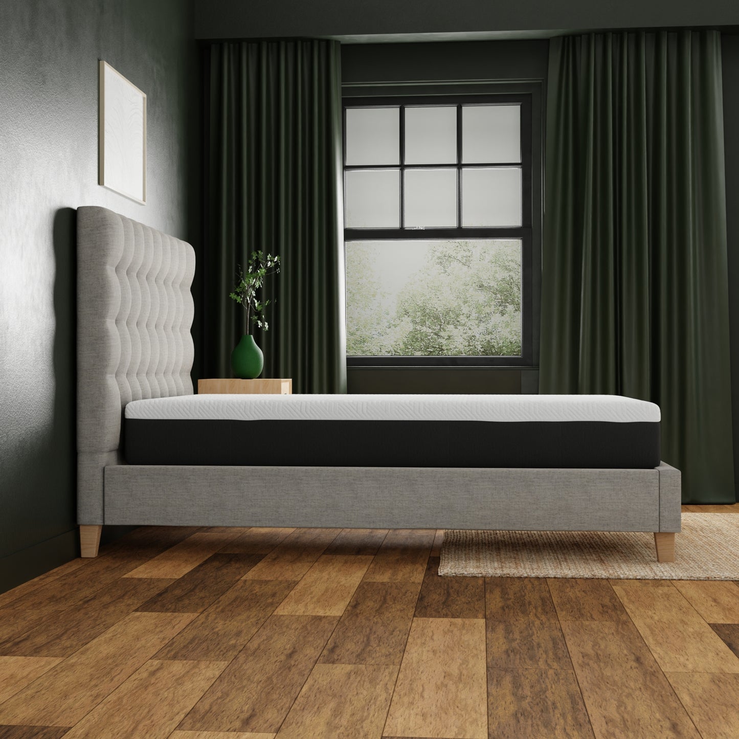 Queen size hybrid mattress with a plush quilted top on a grey fabric bed frame
