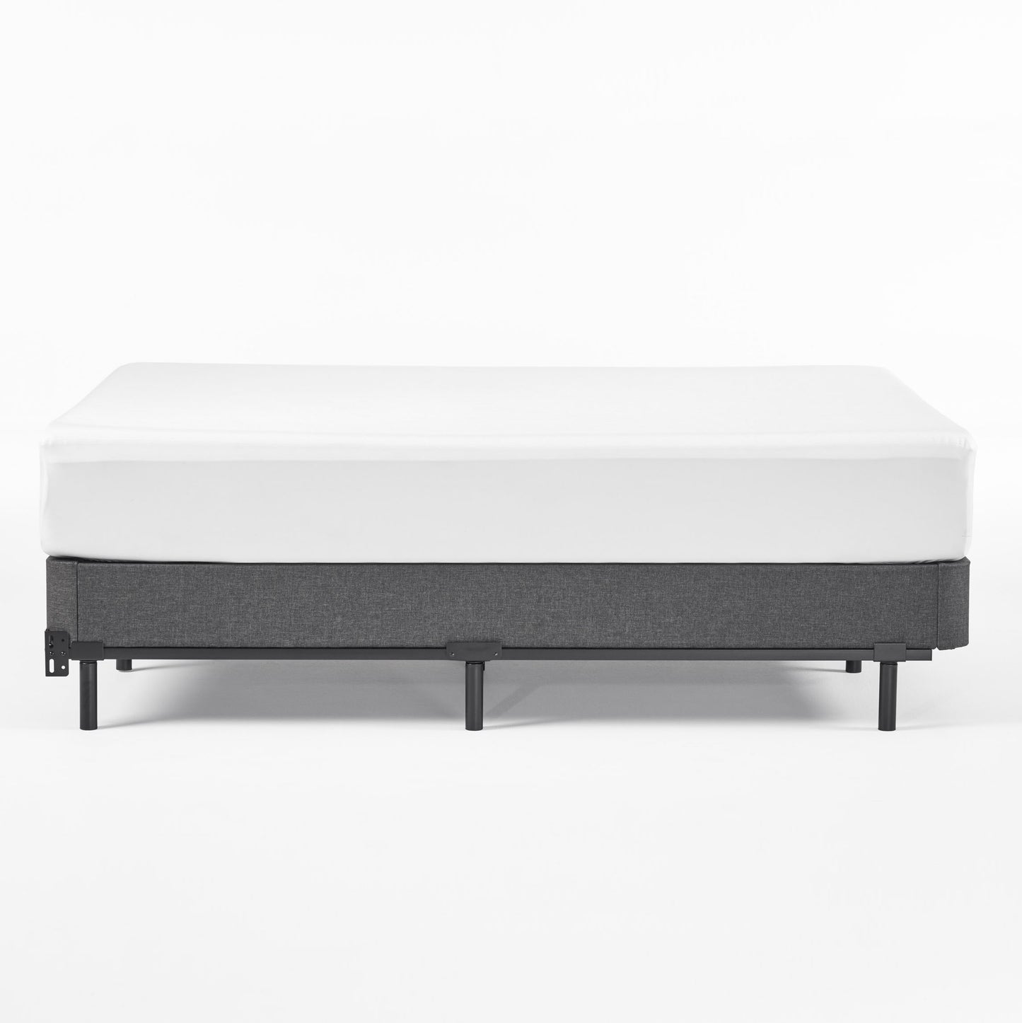 Dark gray upholstered bed frame with white mattress modern design