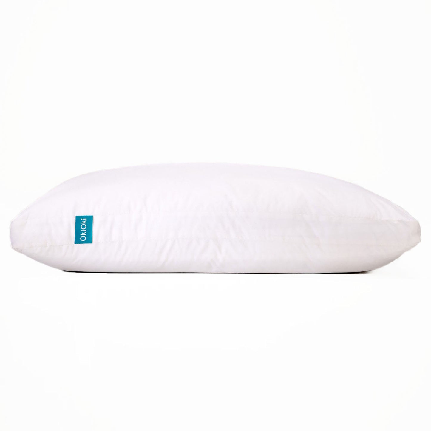 Plush white down pillow with a subtle OkiOki logo perfect for comfortable sleep