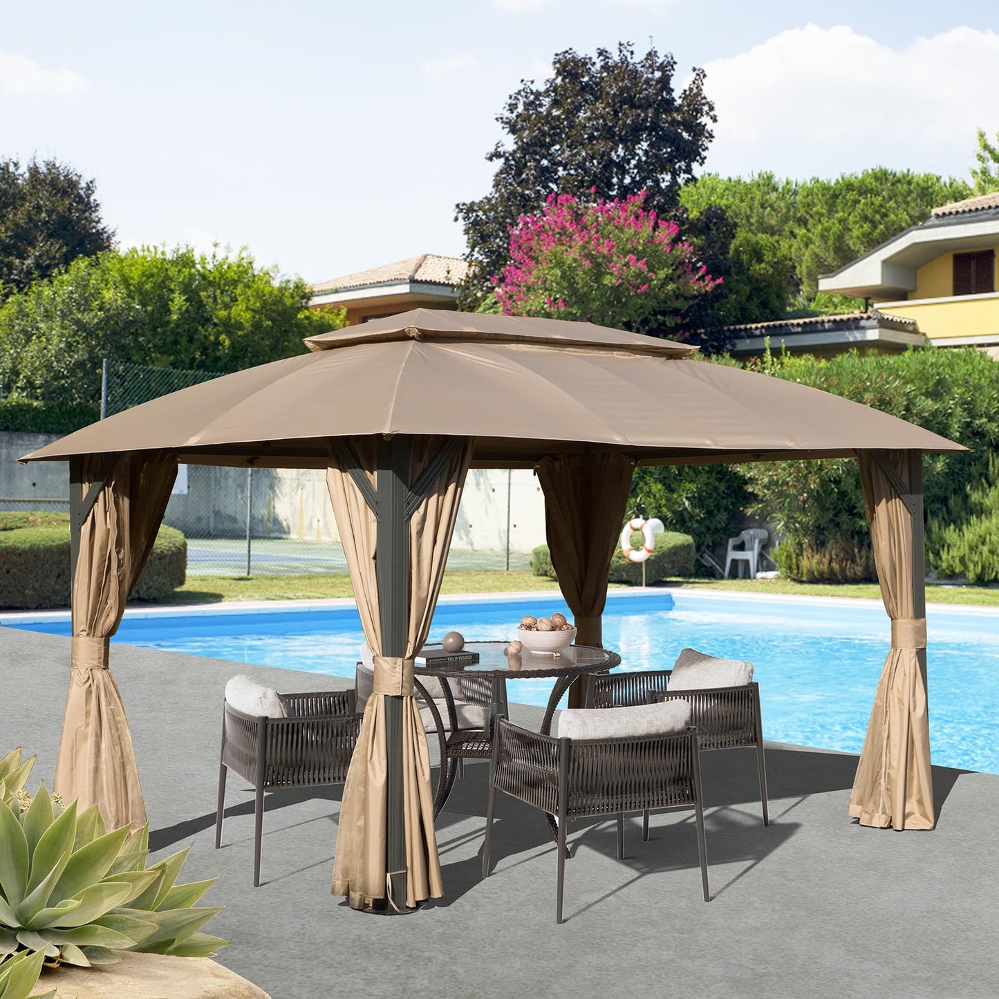 Brown gazebo with builtin curtains and patio furniture by a pool