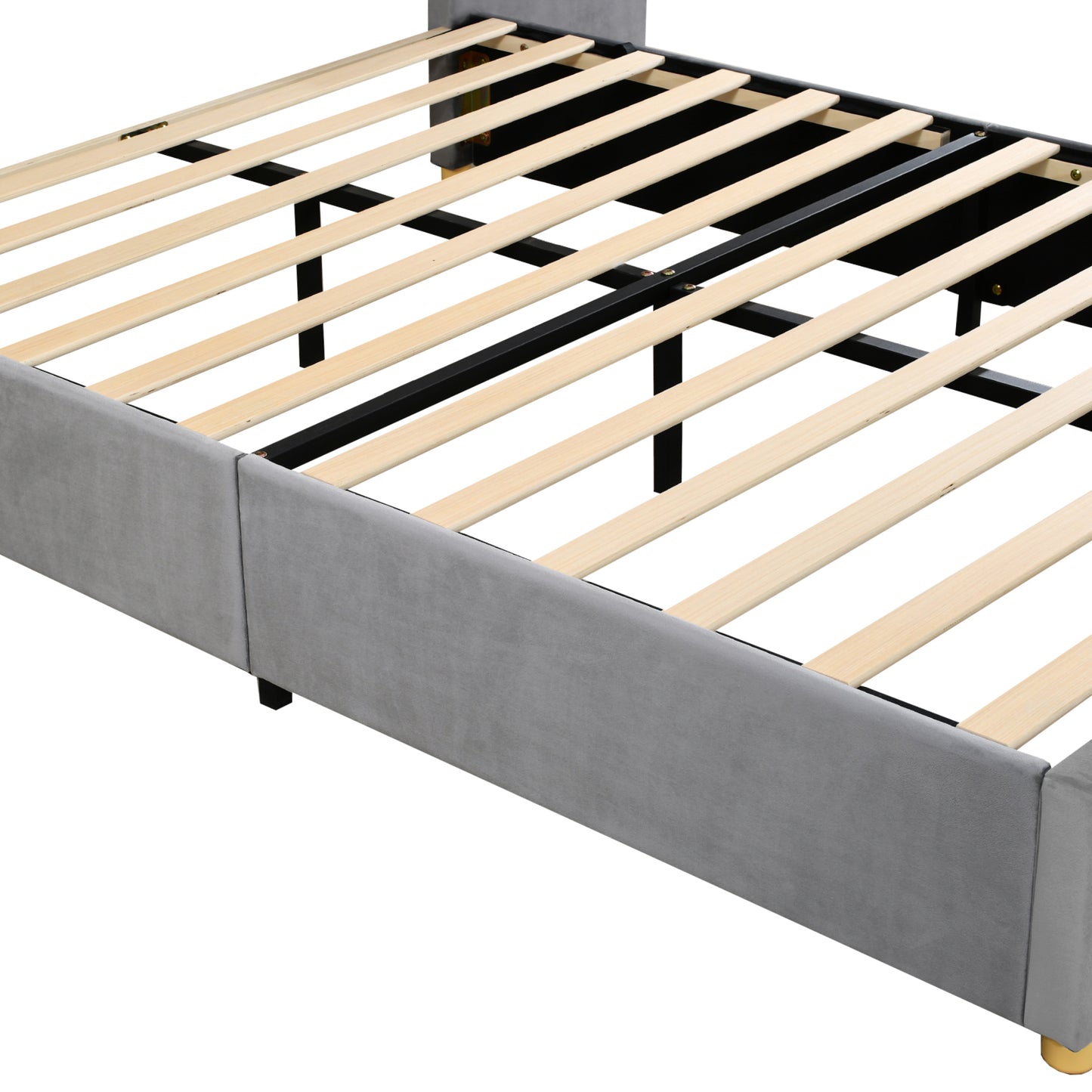 Gray upholstered platform bed frame with wooden slats and metal support
