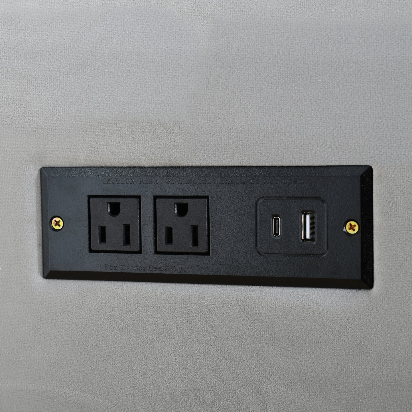 Black wall plate with two NEMA R outlets and one USBC port