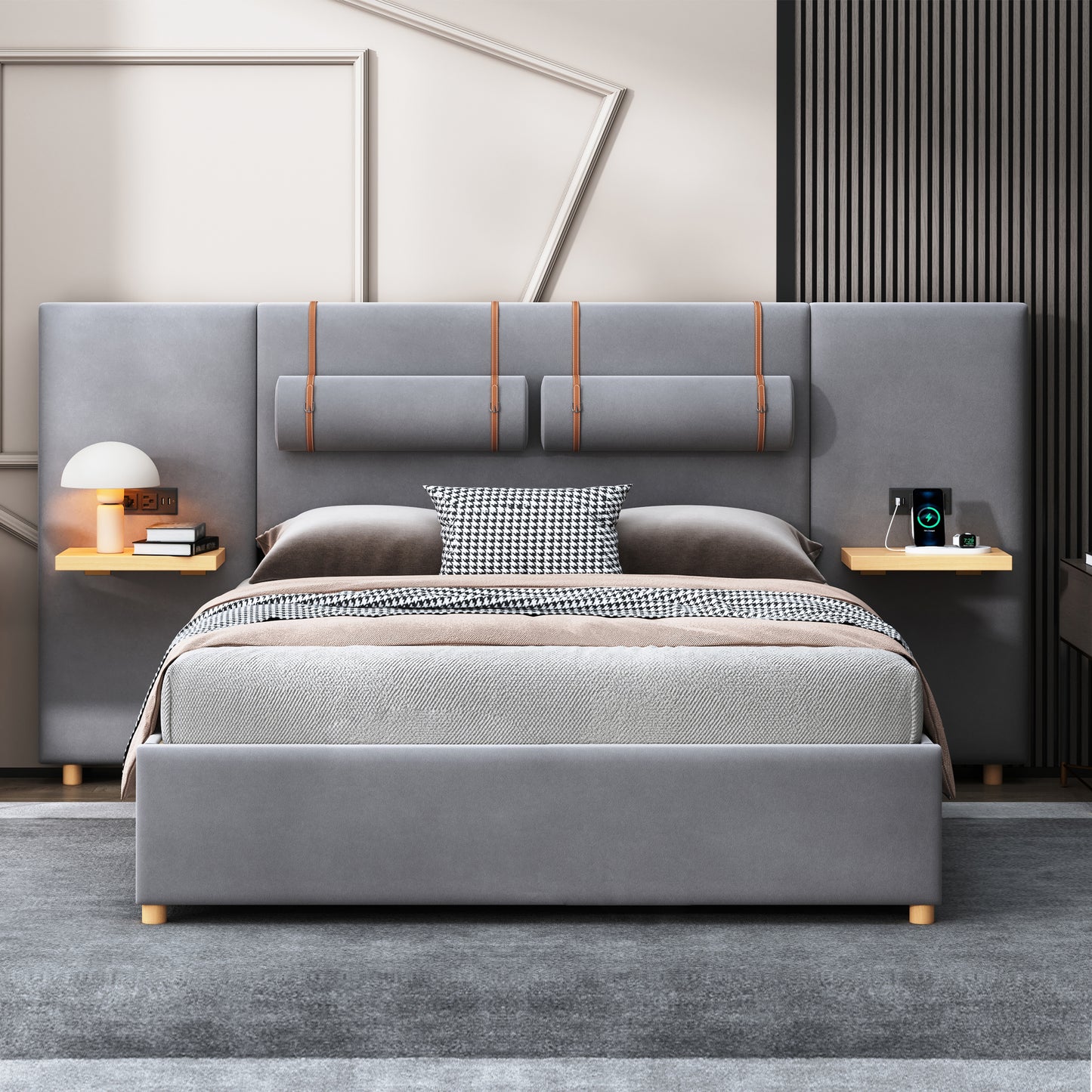 Gray upholstered platform bed with tall tufted headboard and builtin nightstands