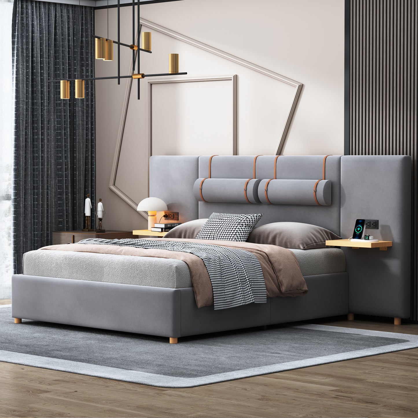 Plush grey upholstered platform bed with a modern tufted headboard and builtin charging station