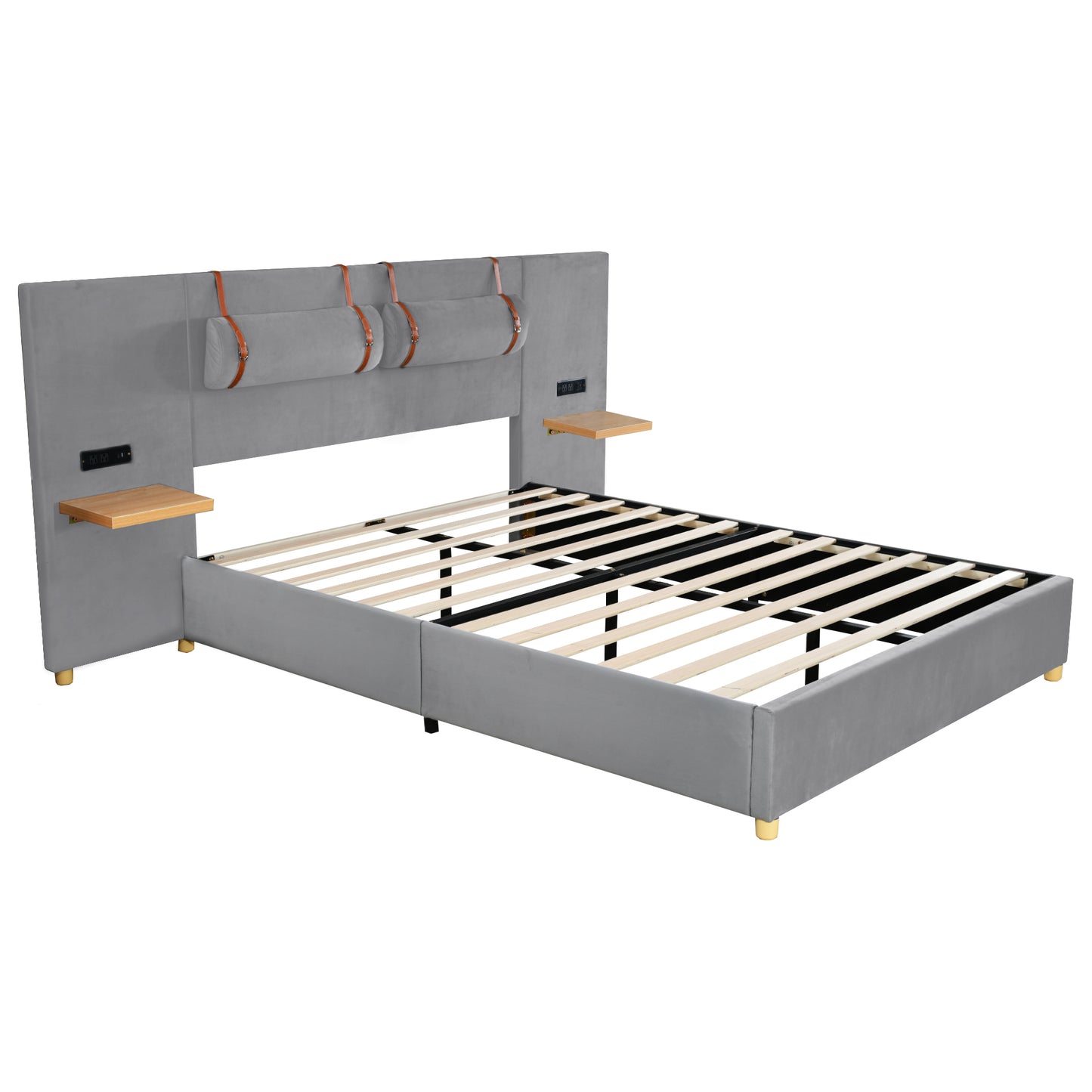 Modern grey velvet platform bed with integrated nightstands and charging ports