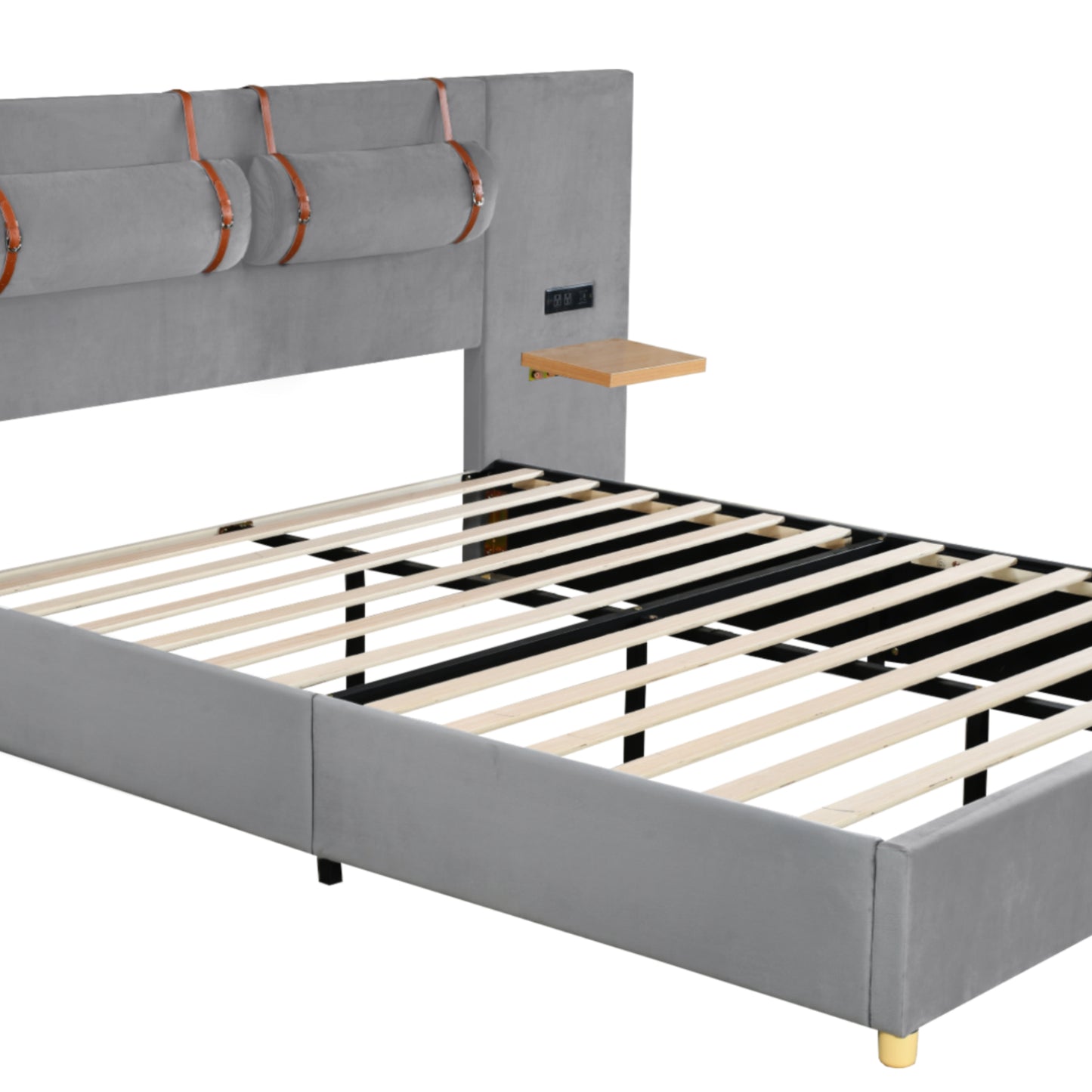 Gray upholstered bed frame with builtin charging station and wooden shelf