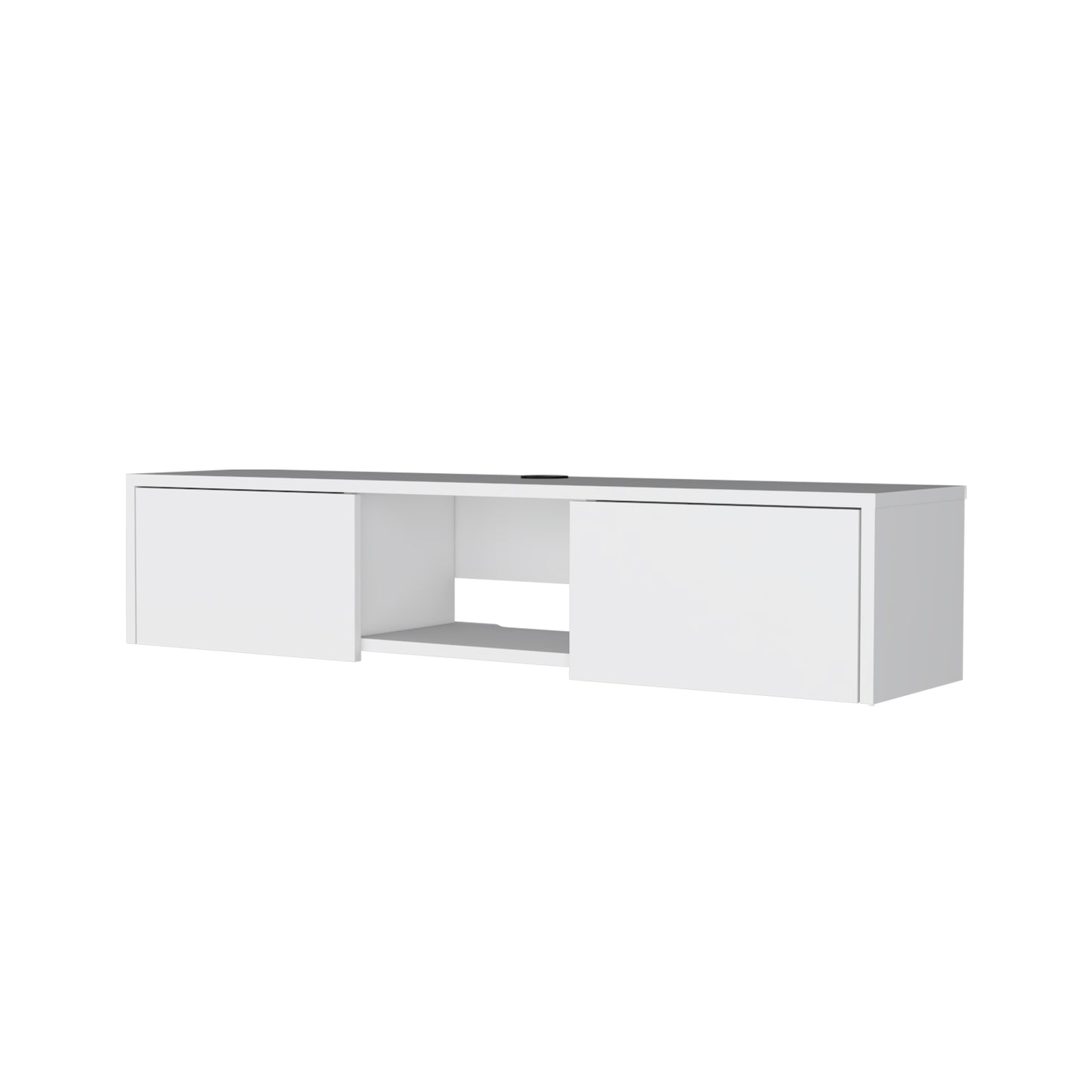 Modern white floating media console with two doors and open shelf