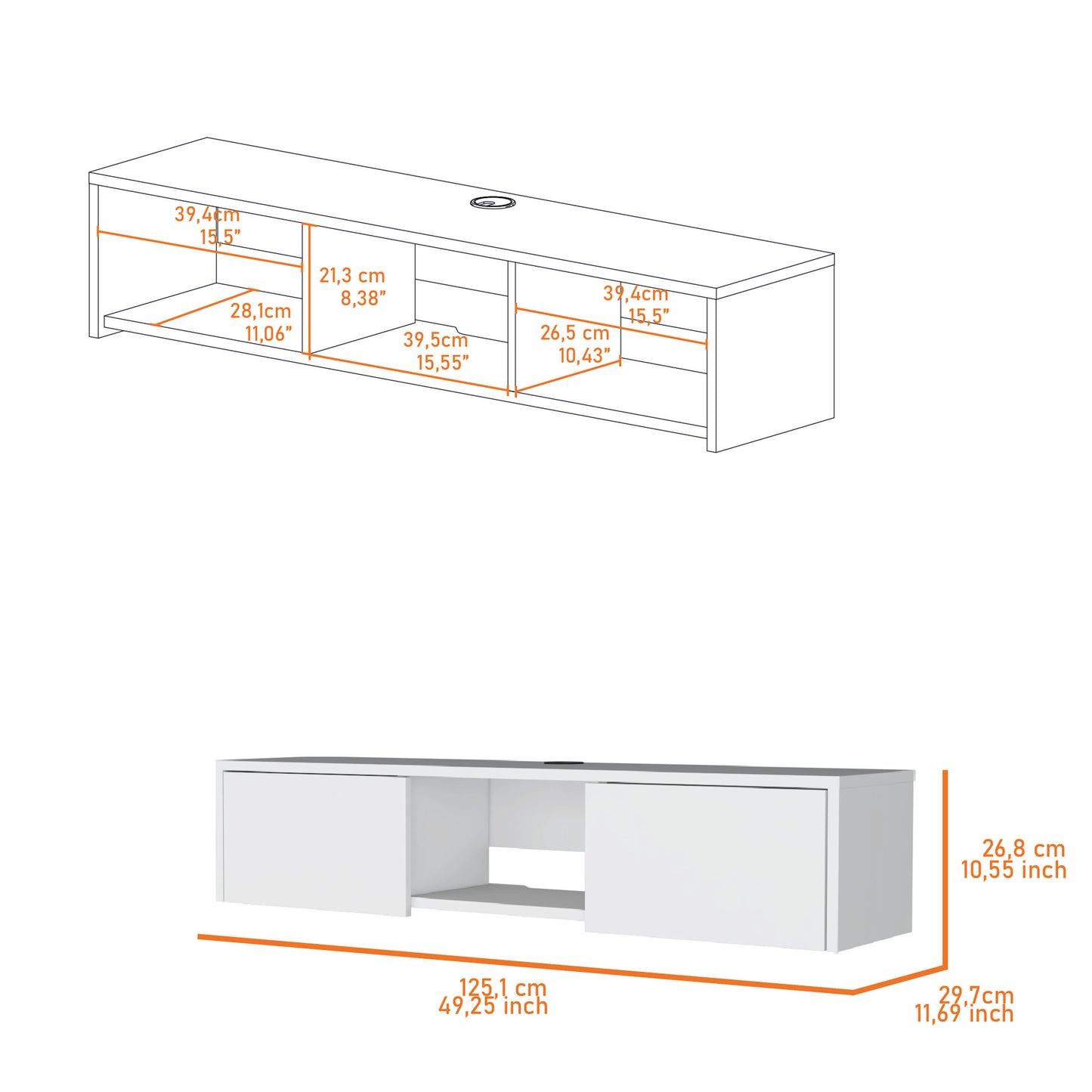 White modern TV stand with two drawers and open shelves dimensions cm wide