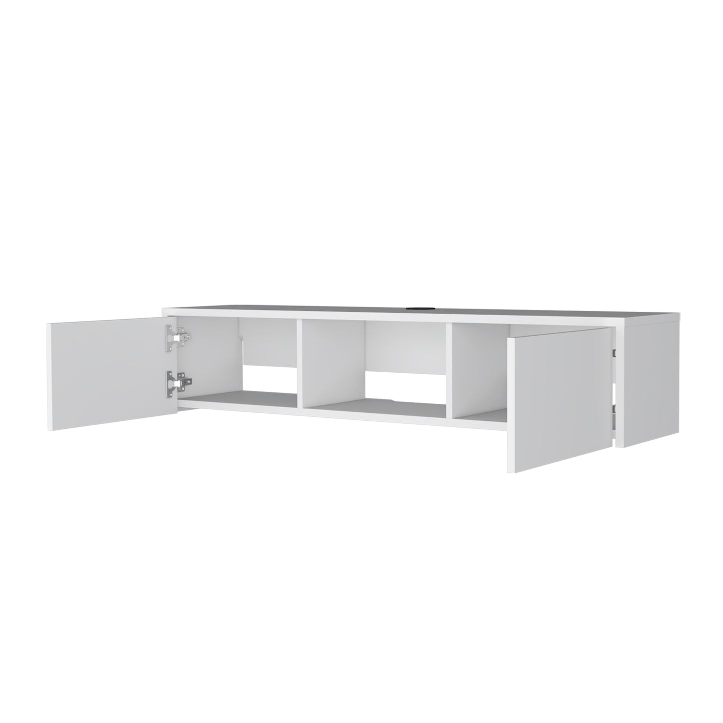White floating TV stand with two open compartments and two cabinet doors