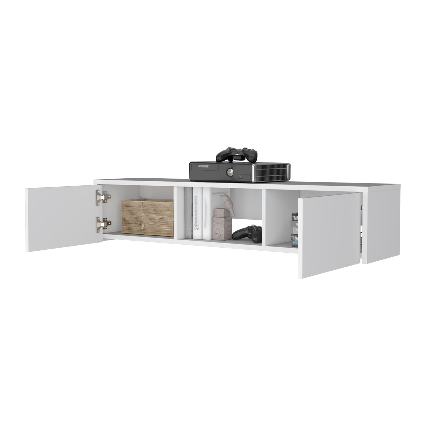 Modern white floating tv stand with open and closed compartments for media storage