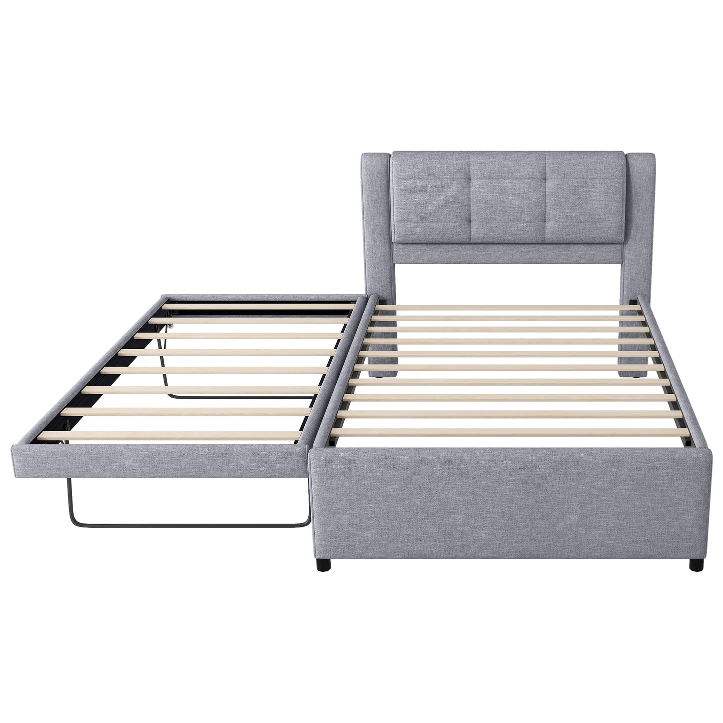 Gray fabric bed frame with pullout trundle and tufted headboard