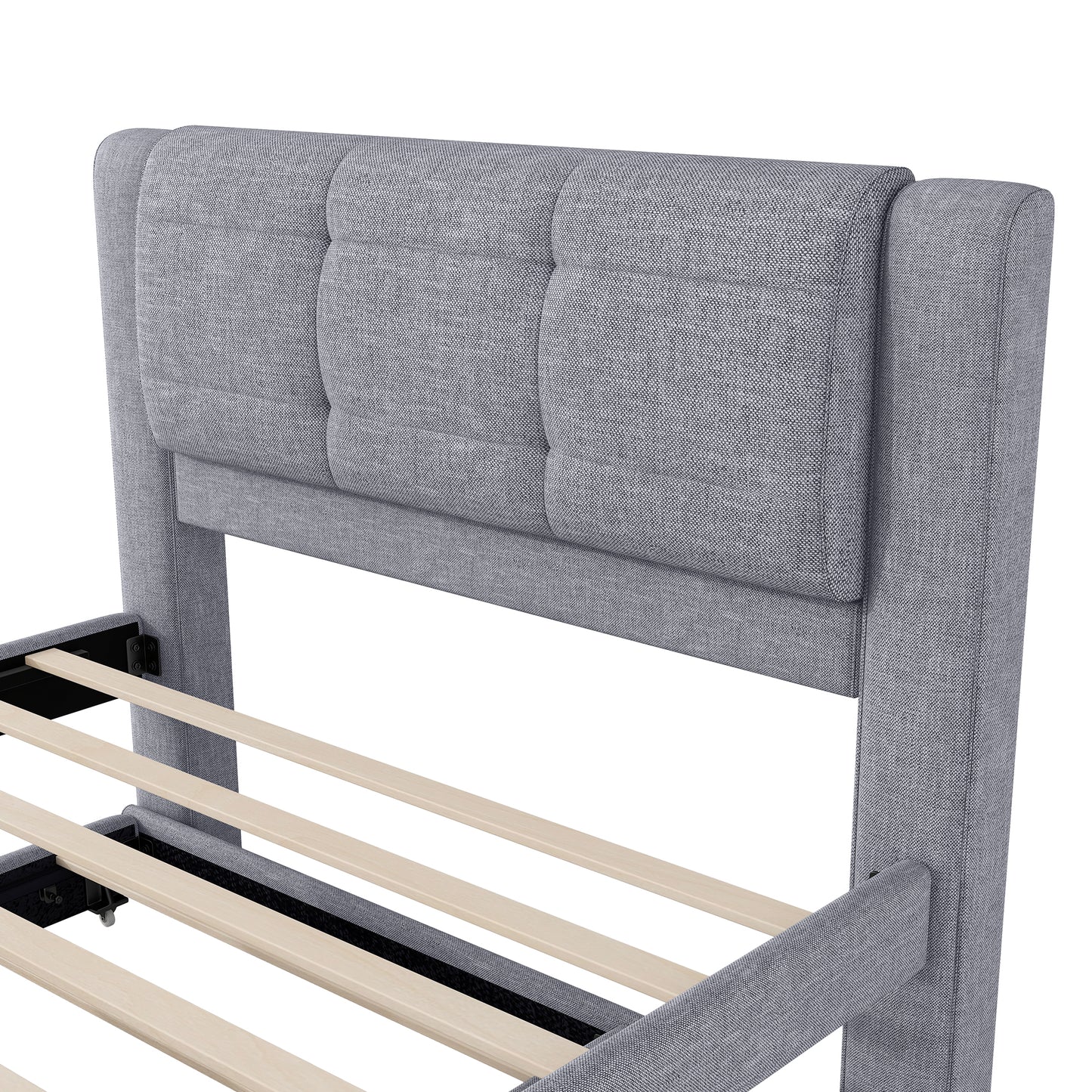 Gray upholstered headboard with tufted panels and a wooden slat bed frame