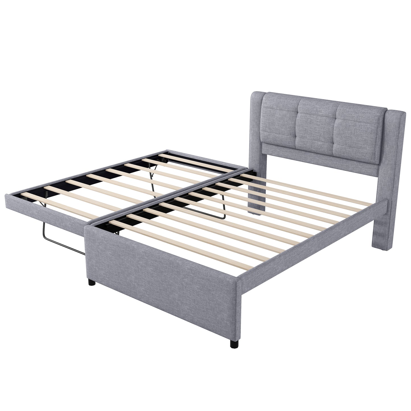 Grey fabric daybed with pullout trundle frame and tufted headboard