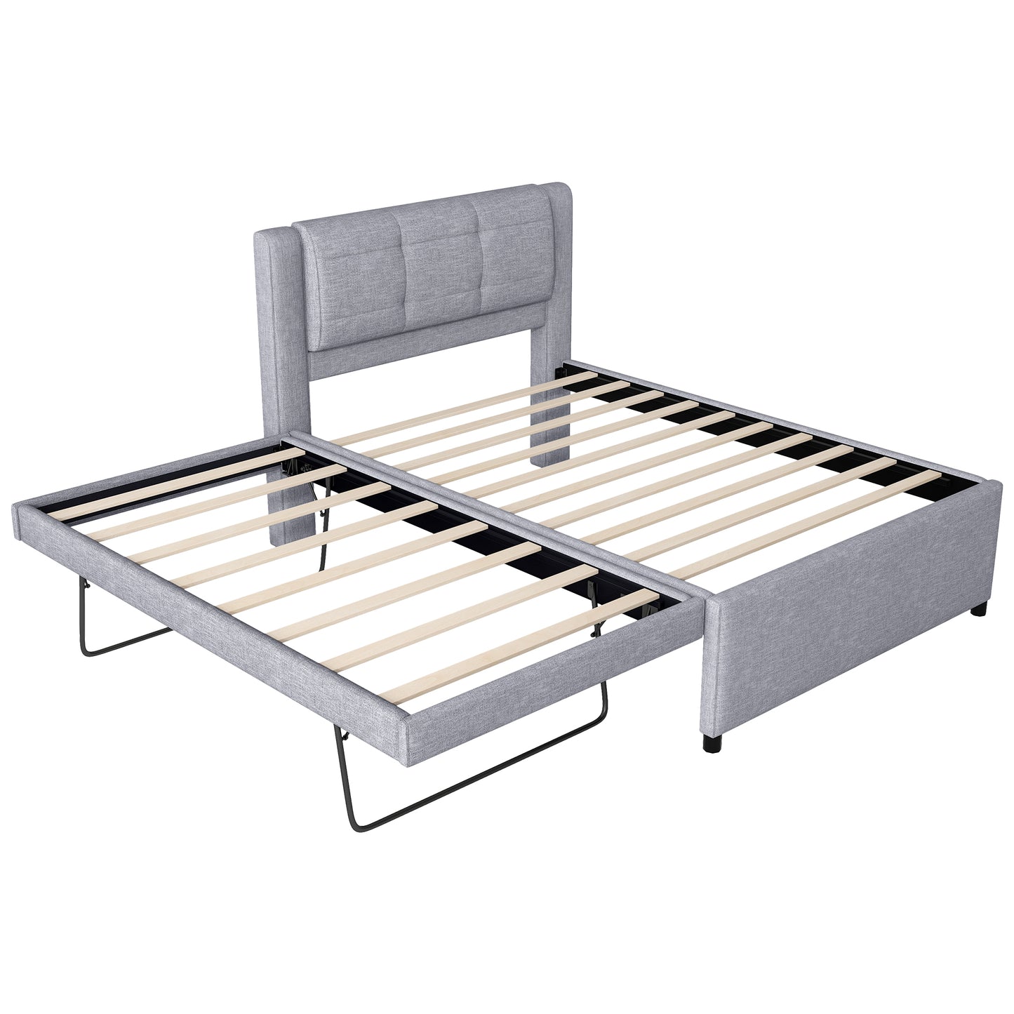 Gray upholstered bed frame with pullout trundle mechanism and slatted base modern design