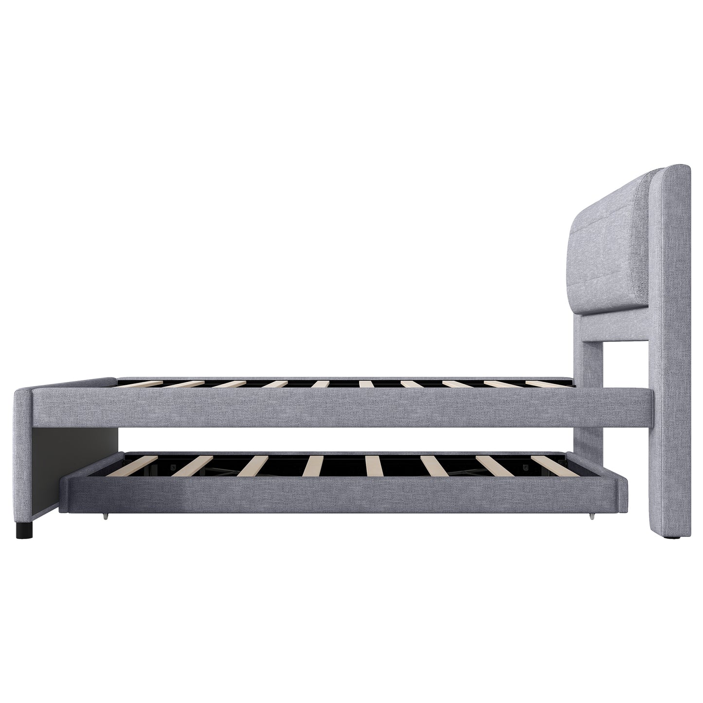 Gray upholstered twin bed frame with pullout trundle modern design