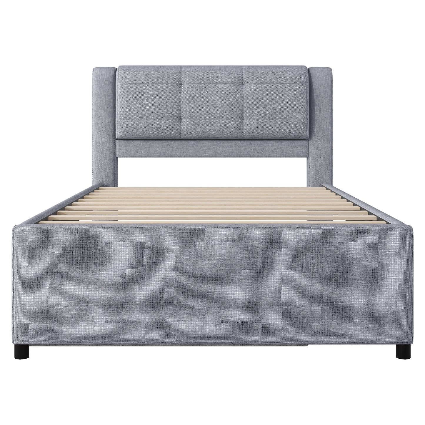 Modern grey upholstered twin bed frame with tufted headboard and wooden slats