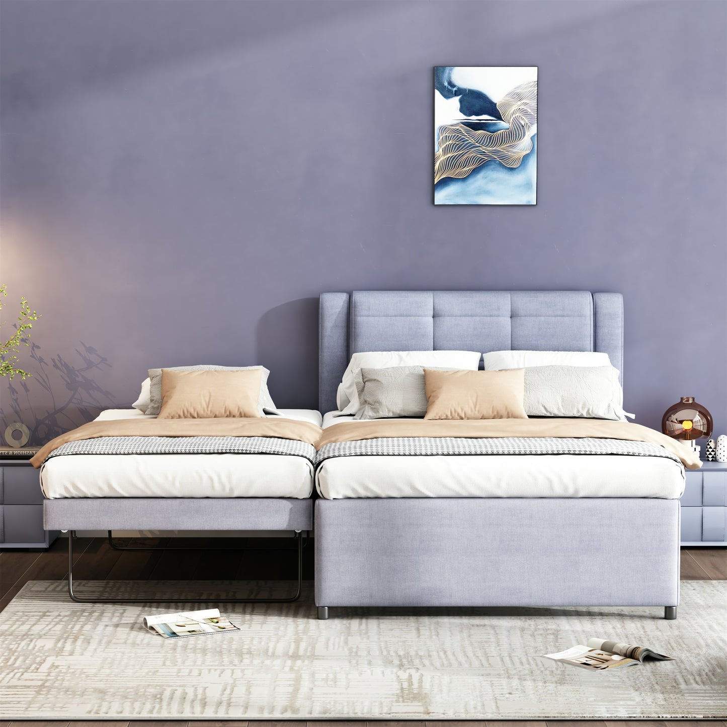 Light blue upholstered twin beds with pullout trundle beige and gray pillows